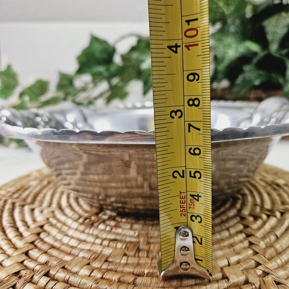 Vtg Pewter Fruit Bowl Raised Grapevine Rope Basket Weave Rim Heavy Catch All - Picture 9 of 11